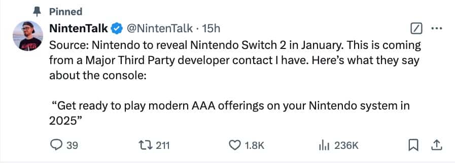 任天堂 Switch 2 可能于明年1月公布 第三方开发者揭示惊人消息